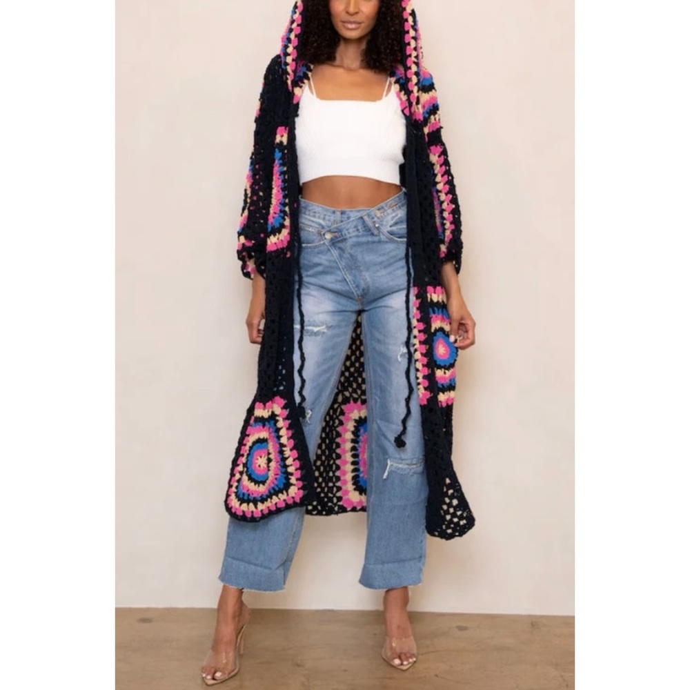 POL Black & Pink Crochet Granny Square Chenille Long Cardigan Relaxed Fit - Picture 14 of 16